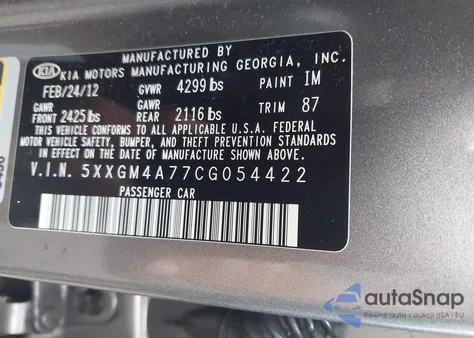 2012 Kia Optima Lx from USA, damaged, VIN 5XXGM4A77CG054422